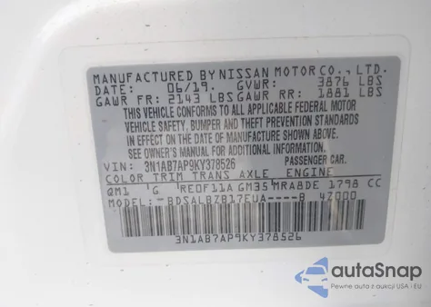 2019 Nissan Sentra S from USA, damaged, VIN 3N1AB7AP9KY378526